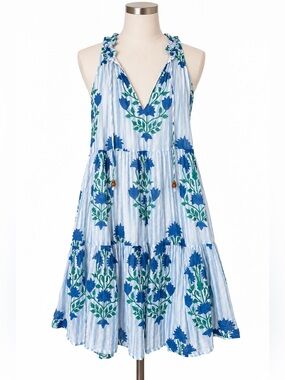 Oliphant Blue Tiered Floral Dress - Size Medium
